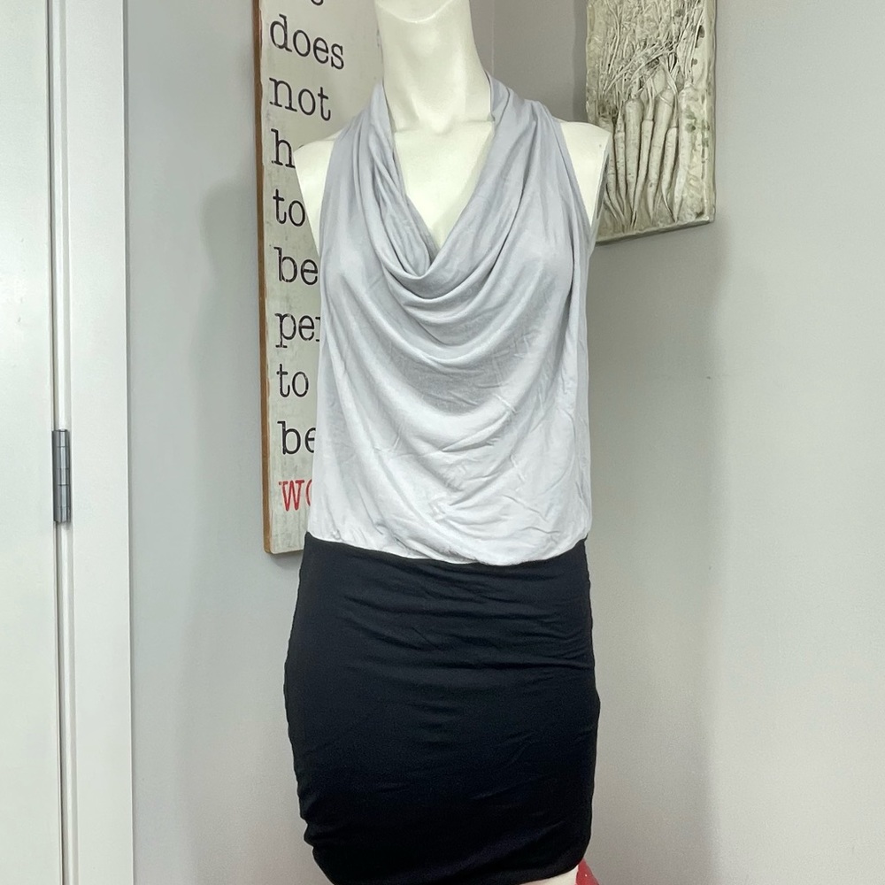 Sleeveless Cowl Neck Mini Dress in Light Gray and Black